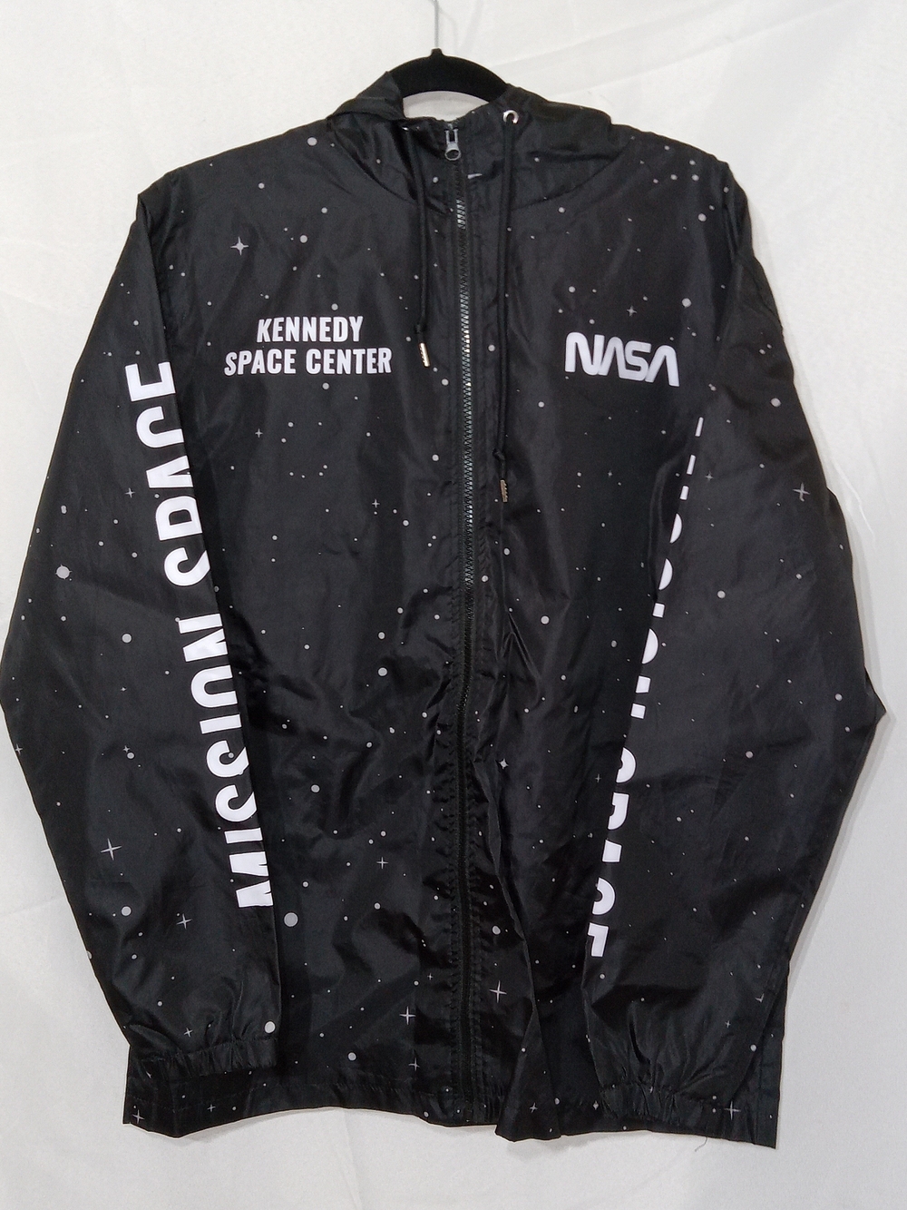Hyper Space NASA Kennedy Space Center Windbreaker Jacket Mens M Black Hooded